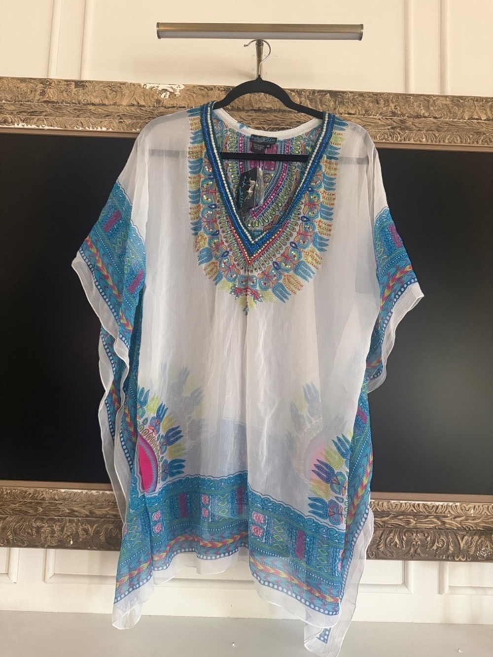 White Sheer Kaftan Tunic with Turquoise & Pink Embroidered Accents
